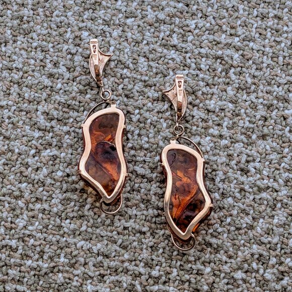 Russian Russia 14K 585 Rose Pink Gold Baltic Honey Amber Dangle Drop Earrings - Picture 6 of 9